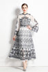 Vintage Ethnic Black Paisley Pattern, Stand-Up Collar, Long Flare Sleeve Dress